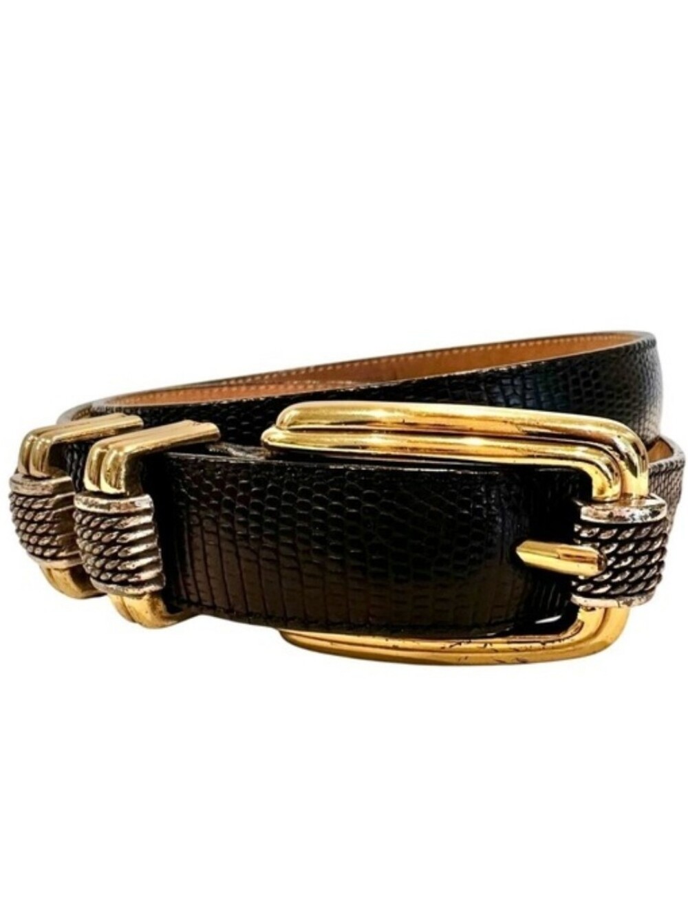 Brighton Black Embossed Leather Belt With Mixed Metal Gold & Silver Buckle